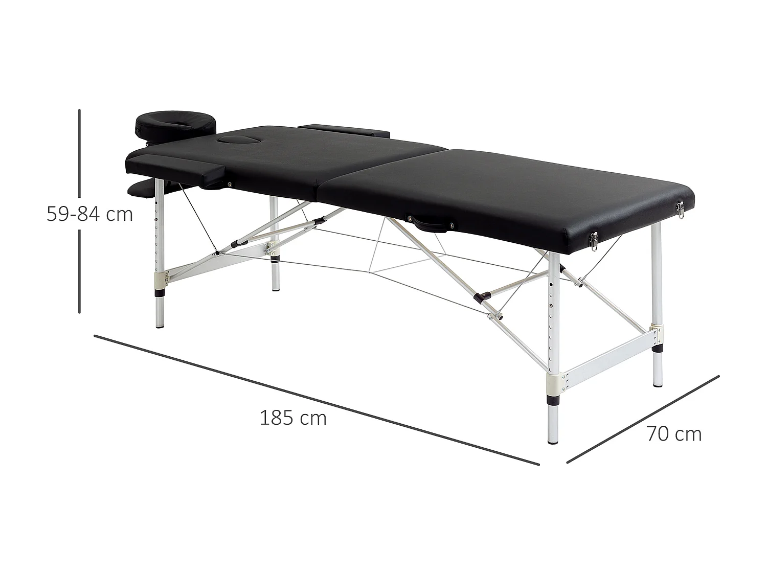 Table de massage pliable 3 zones hauteur réglable dim. 185L x 70l x 59-84H cm sac transport alu. synthétique PVC noir
