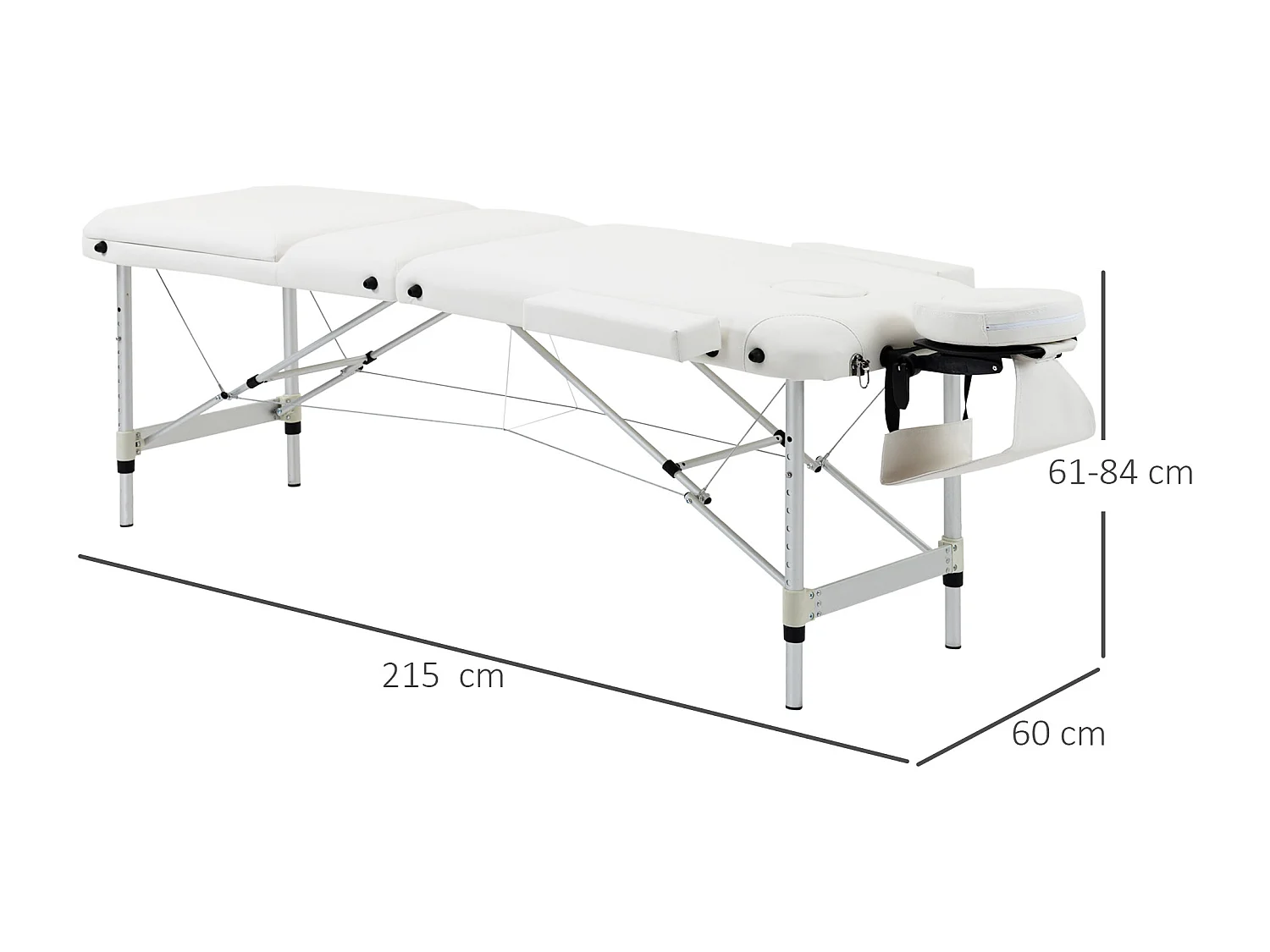 Table de massage pliable 3 zones hauteur réglable dim. 215L x 60l x 61-84H cm alu. synthétique PVC blanc