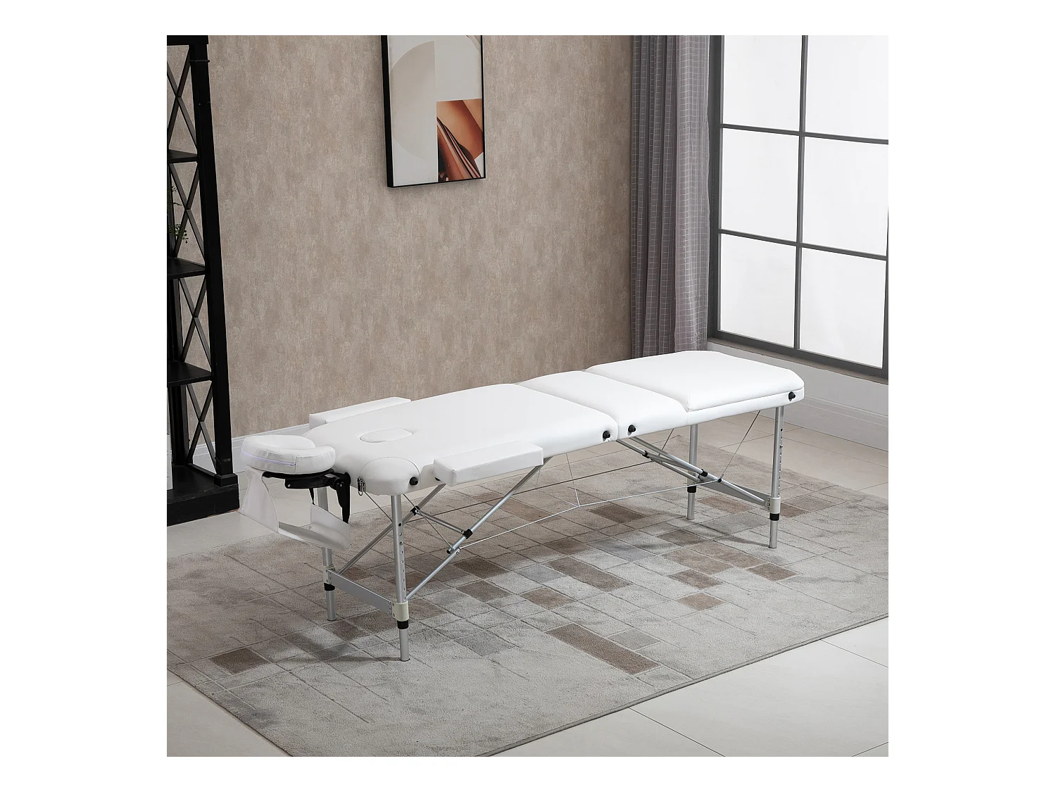 Table de massage pliable 3 zones hauteur réglable dim. 215L x 60l x 61-84H cm alu. synthétique PVC blanc