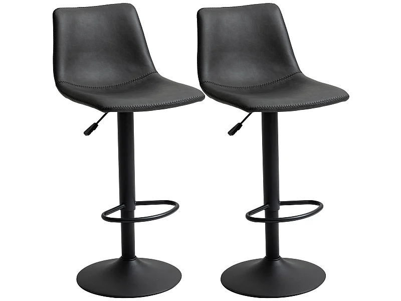 Lot de 2 tabourets de bar Vintage hauteur réglable pivotant avec repose-pied PU avec surpiqûres gris foncé