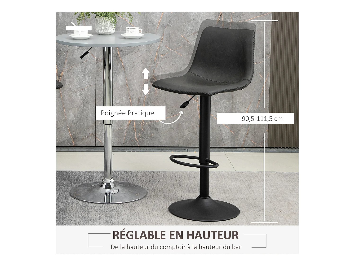 Lot de 2 tabourets de bar Vintage hauteur réglable pivotant avec repose-pied PU avec surpiqûres gris foncé