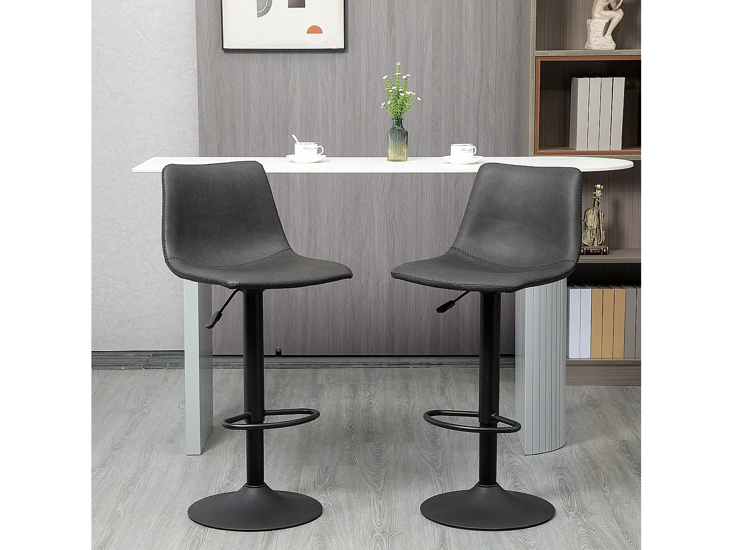 Lot de 2 tabourets de bar Vintage hauteur réglable pivotant avec repose-pied PU avec surpiqûres gris foncé