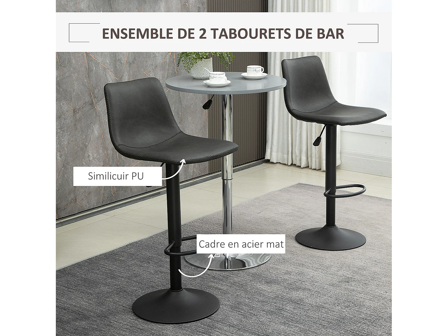 Lot de 2 tabourets de bar Vintage hauteur réglable pivotant avec repose-pied PU avec surpiqûres gris foncé