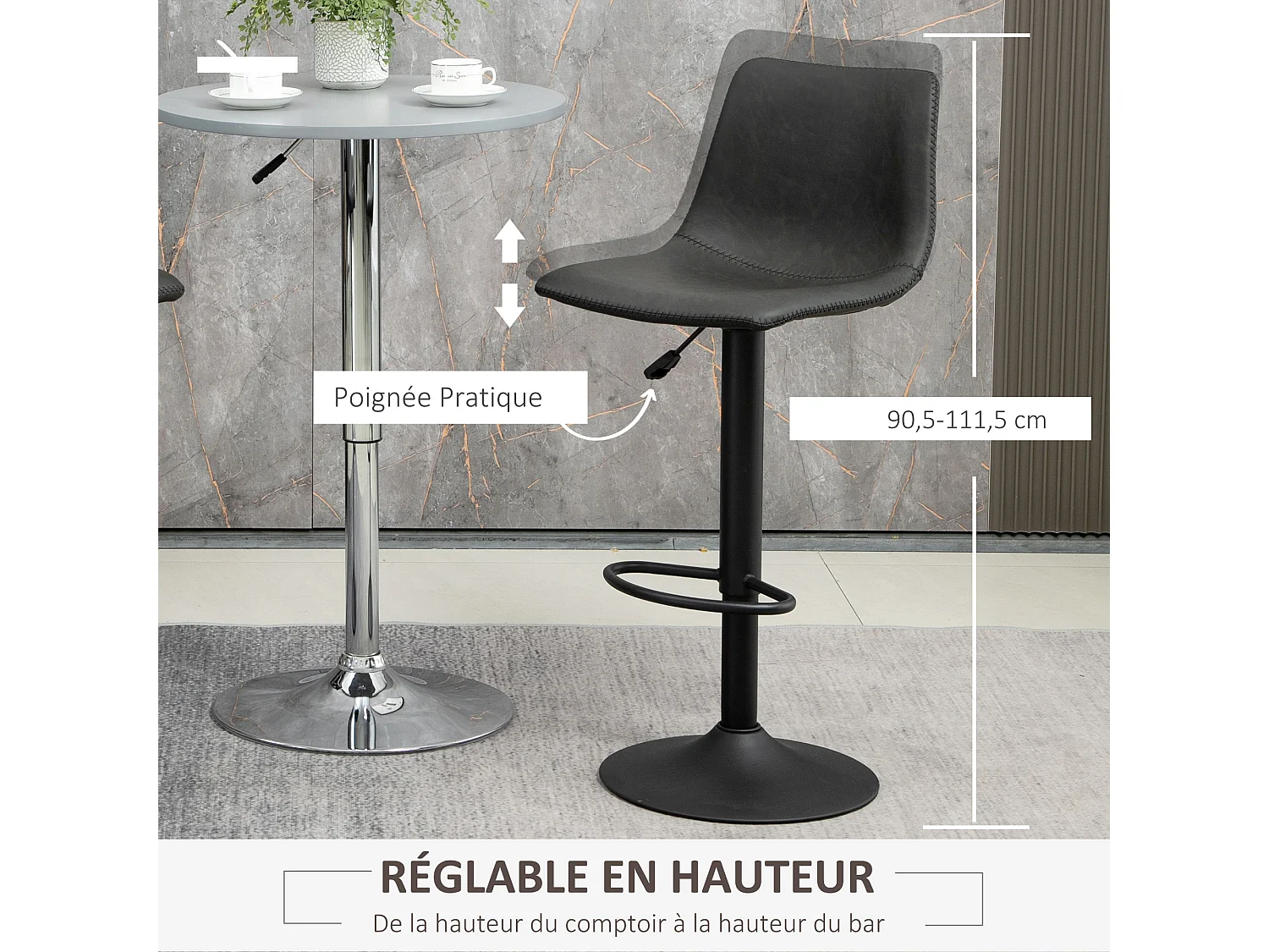 Lot de 2 tabourets de bar Vintage hauteur réglable pivotant avec repose-pied PU avec surpiqûres gris foncé