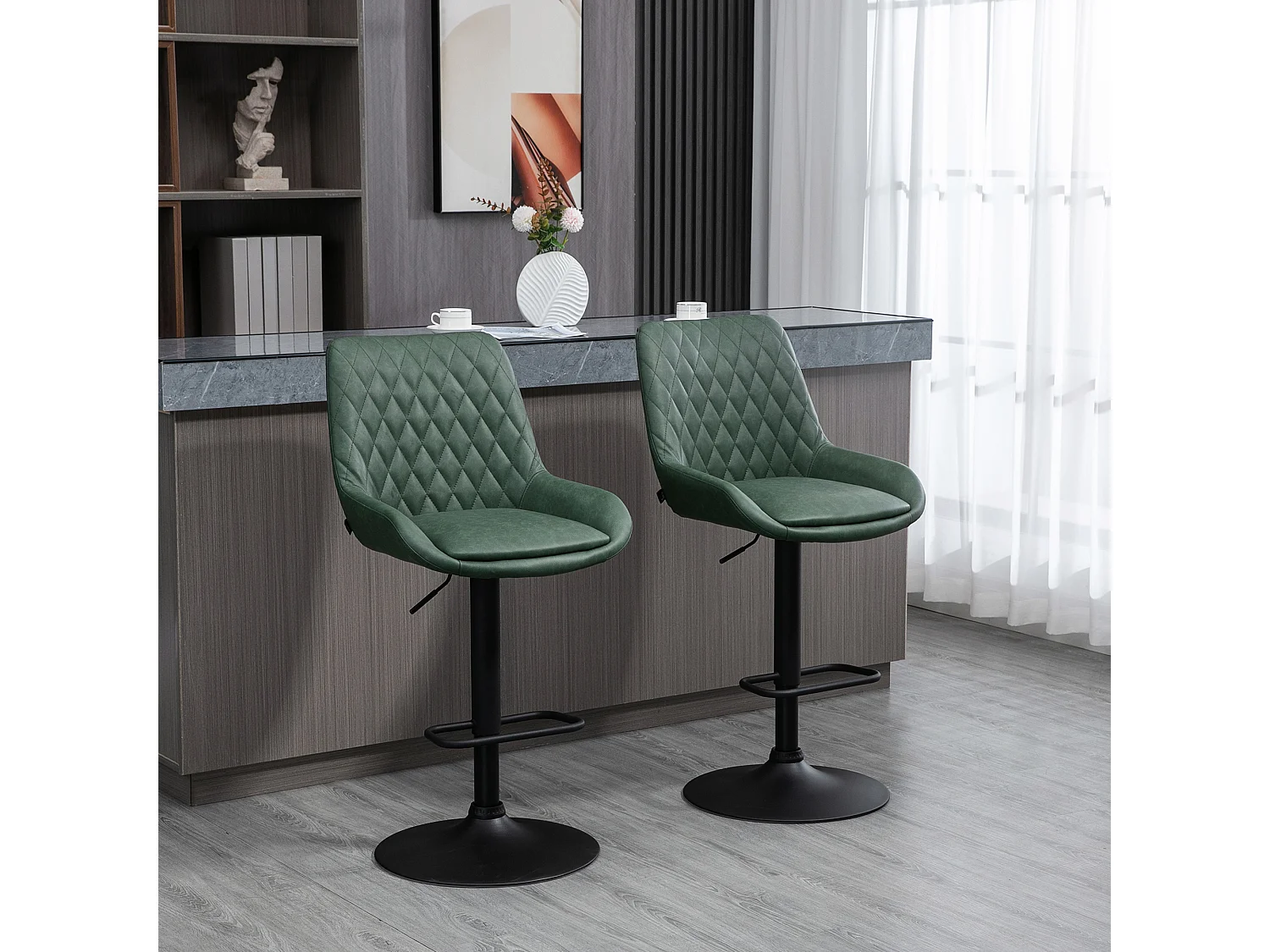Lot de 2 tabourets de bar Vintage pivotant réglable dossier capitonné - repose-pied - revêtement synthétique vert