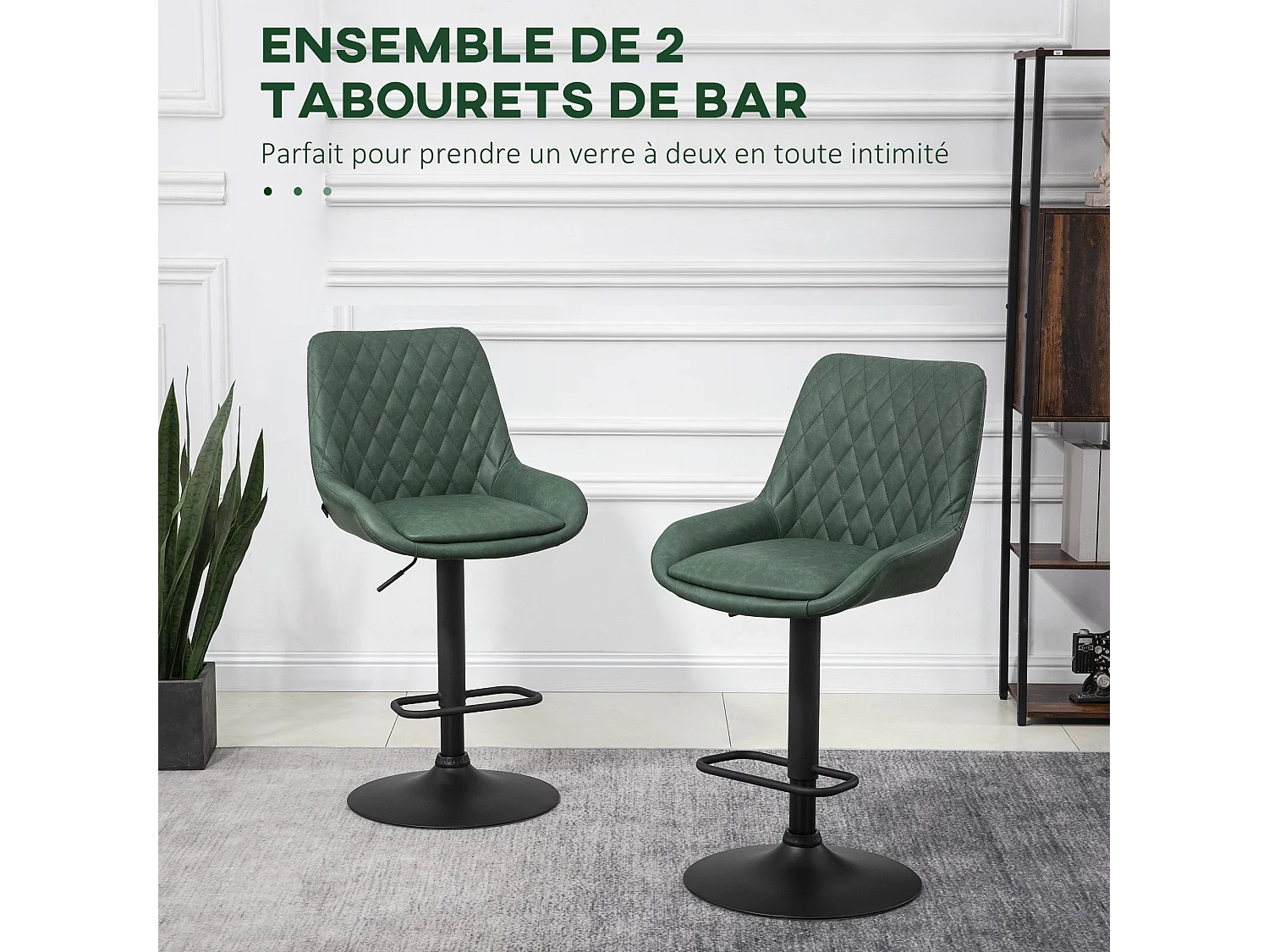 Lot de 2 tabourets de bar Vintage pivotant réglable dossier capitonné - repose-pied - revêtement synthétique vert