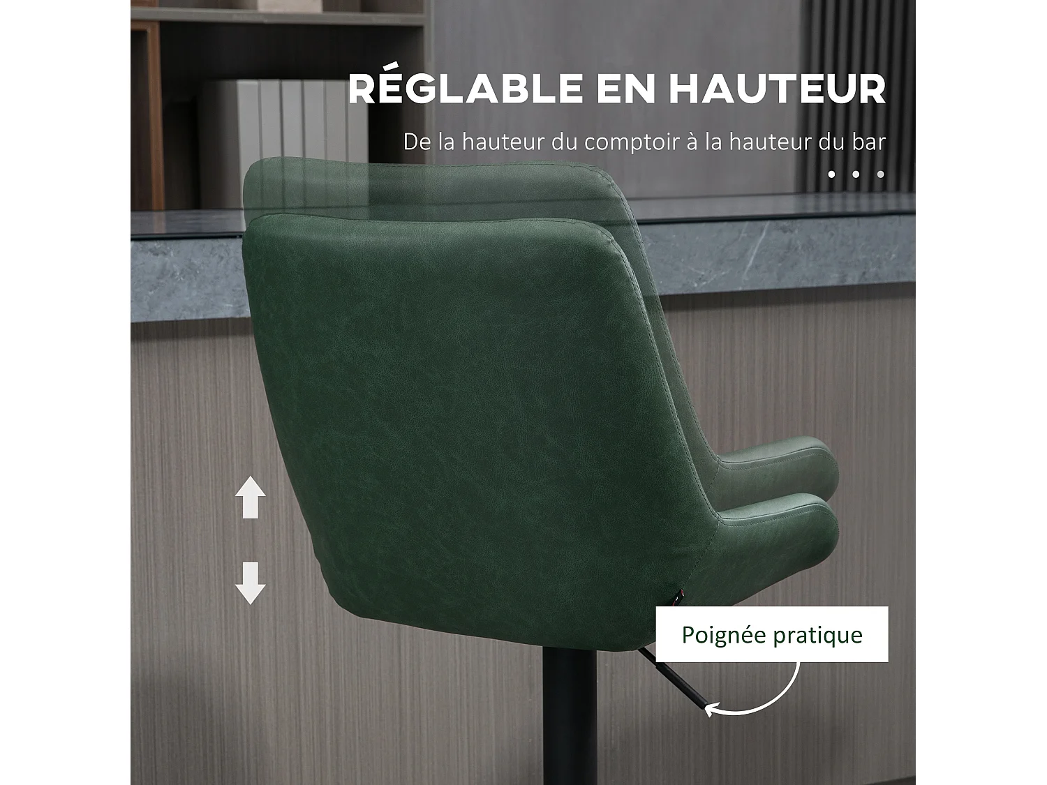 Lot de 2 tabourets de bar Vintage pivotant réglable dossier capitonné - repose-pied - revêtement synthétique vert