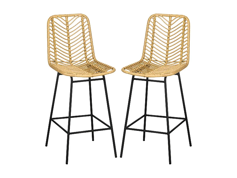 Lot de 2 tabourets de bar style colonial piètement acier noir résine tressée aspect rotin