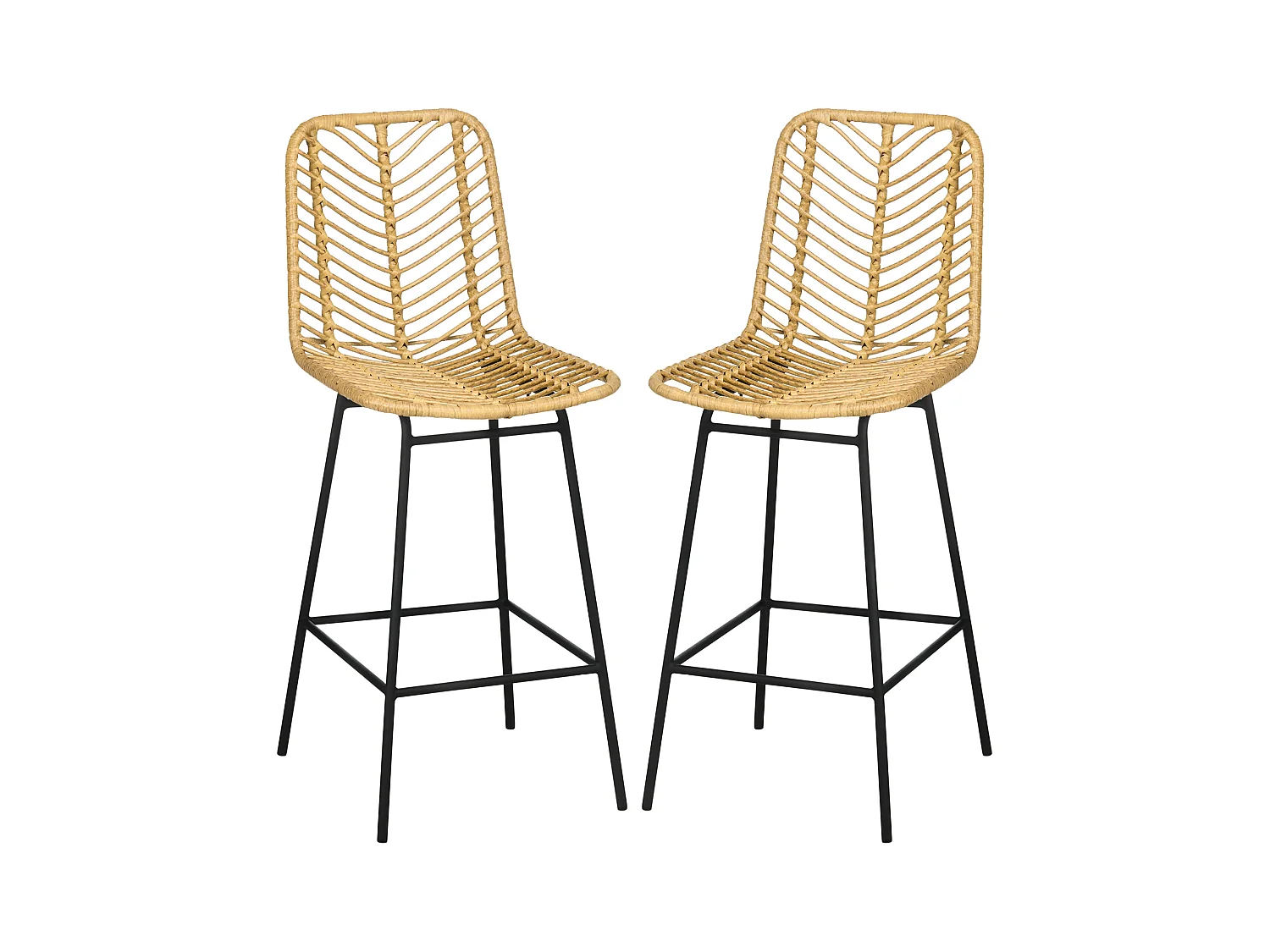 Lot de 2 tabourets de bar style colonial piètement acier noir résine tressée aspect rotin