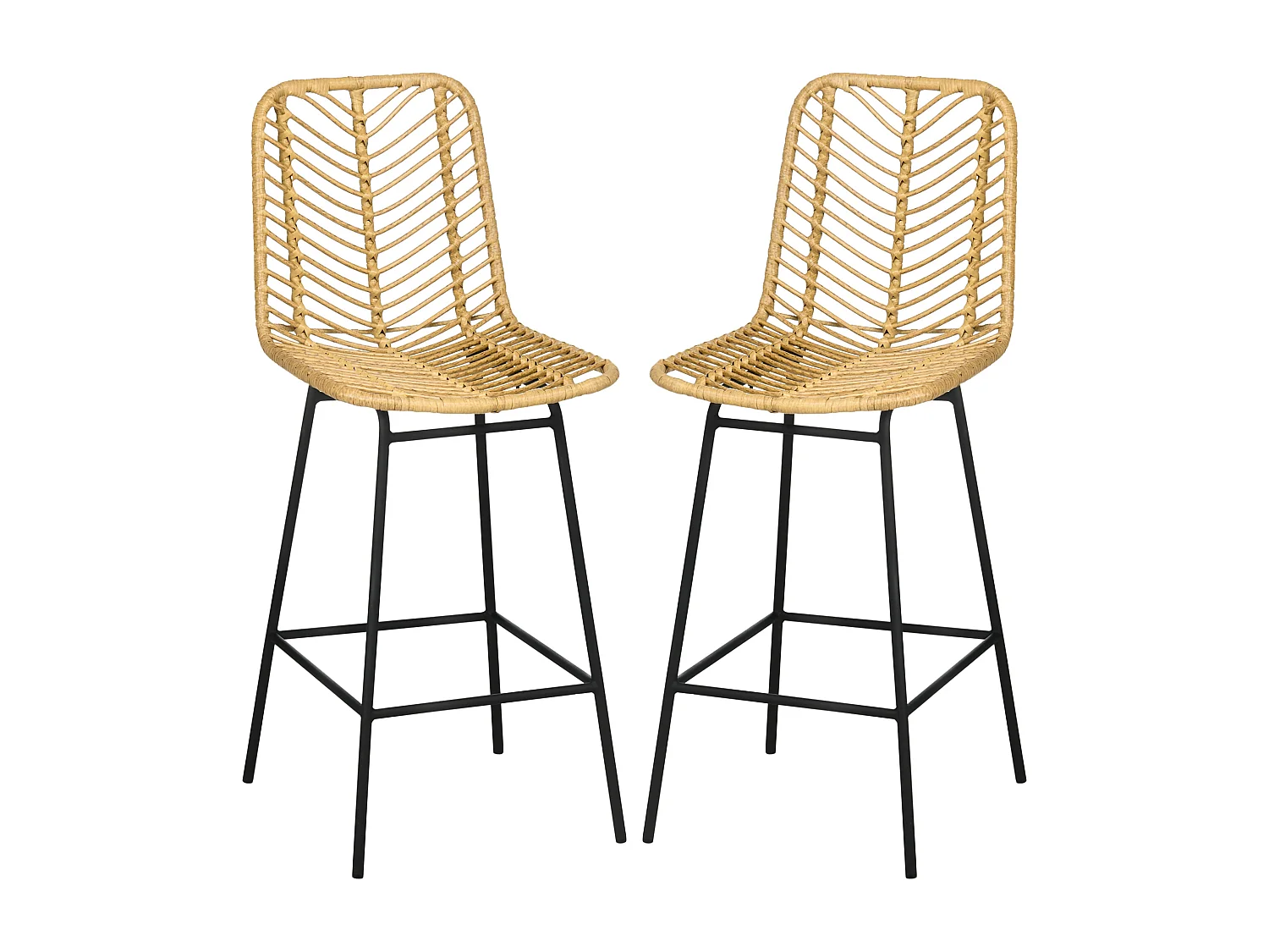 Lot de 2 tabourets de bar style colonial piètement acier noir résine tressée aspect rotin