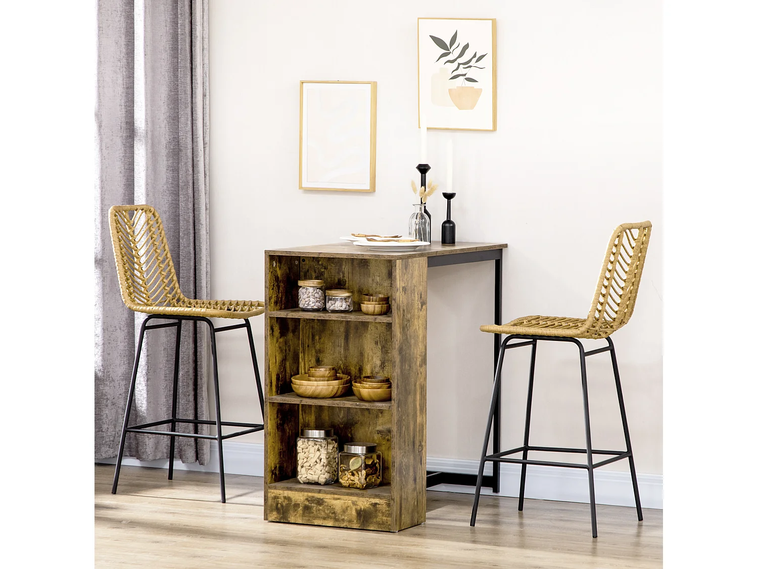 Lot de 2 tabourets de bar style colonial piètement acier noir résine tressée aspect rotin