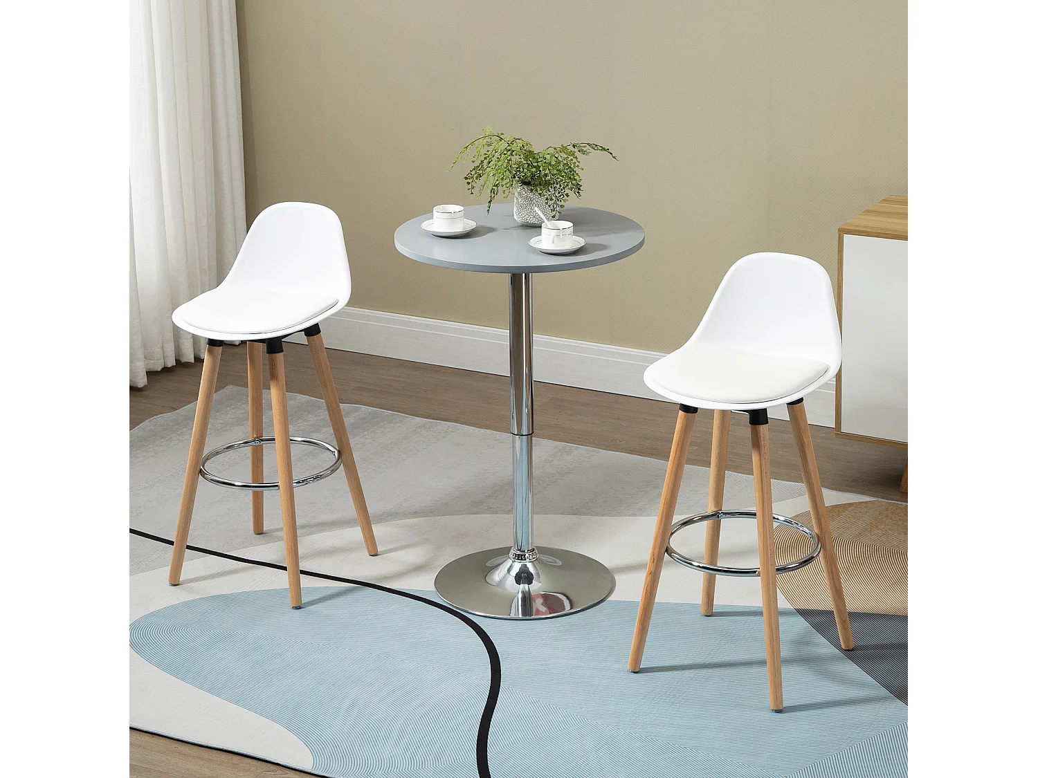 Tabourets de bar style scandinave - lot de 2 tabourets de bar avec repose-pieds - piètement bois de hêtre assise PU blanc