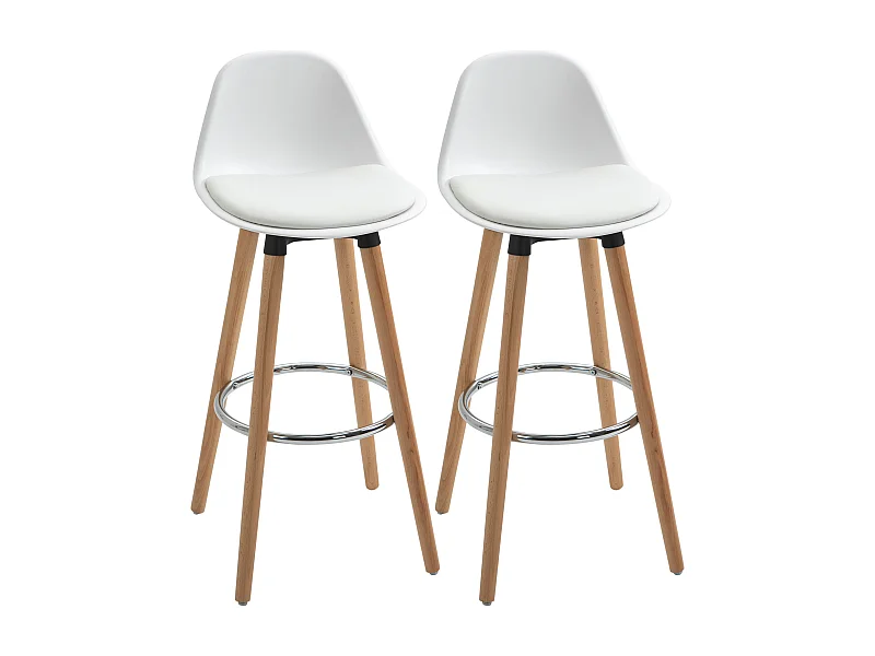 Tabourets de bar style scandinave - lot de 2 tabourets de bar avec repose-pieds - piètement bois de hêtre assise PU blanc