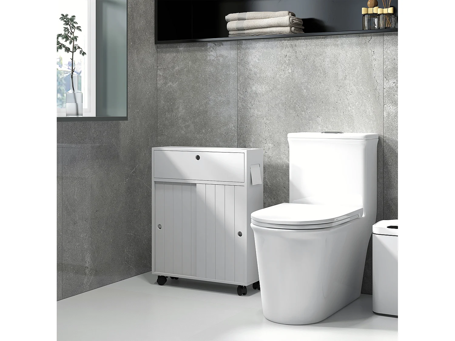 Support papier toilette - porte-papier toilette sur roulettes - armoire pour papier toilette - 2 portes coulissantes, étagère, 2 compartiments fermés - blanc