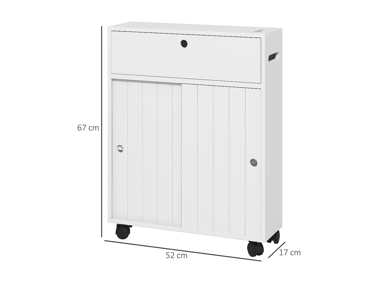 Support papier toilette - porte-papier toilette sur roulettes - armoire pour papier toilette - 2 portes coulissantes, étagère, 2 compartiments fermés - blanc