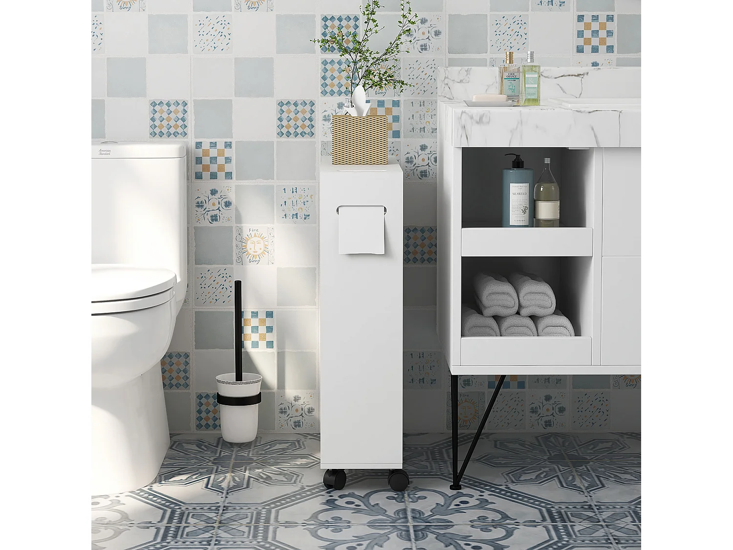 Support papier toilette - porte-papier toilette sur roulettes - armoire pour papier toilette - 2 portes coulissantes, étagère, 2 compartiments fermés - blanc