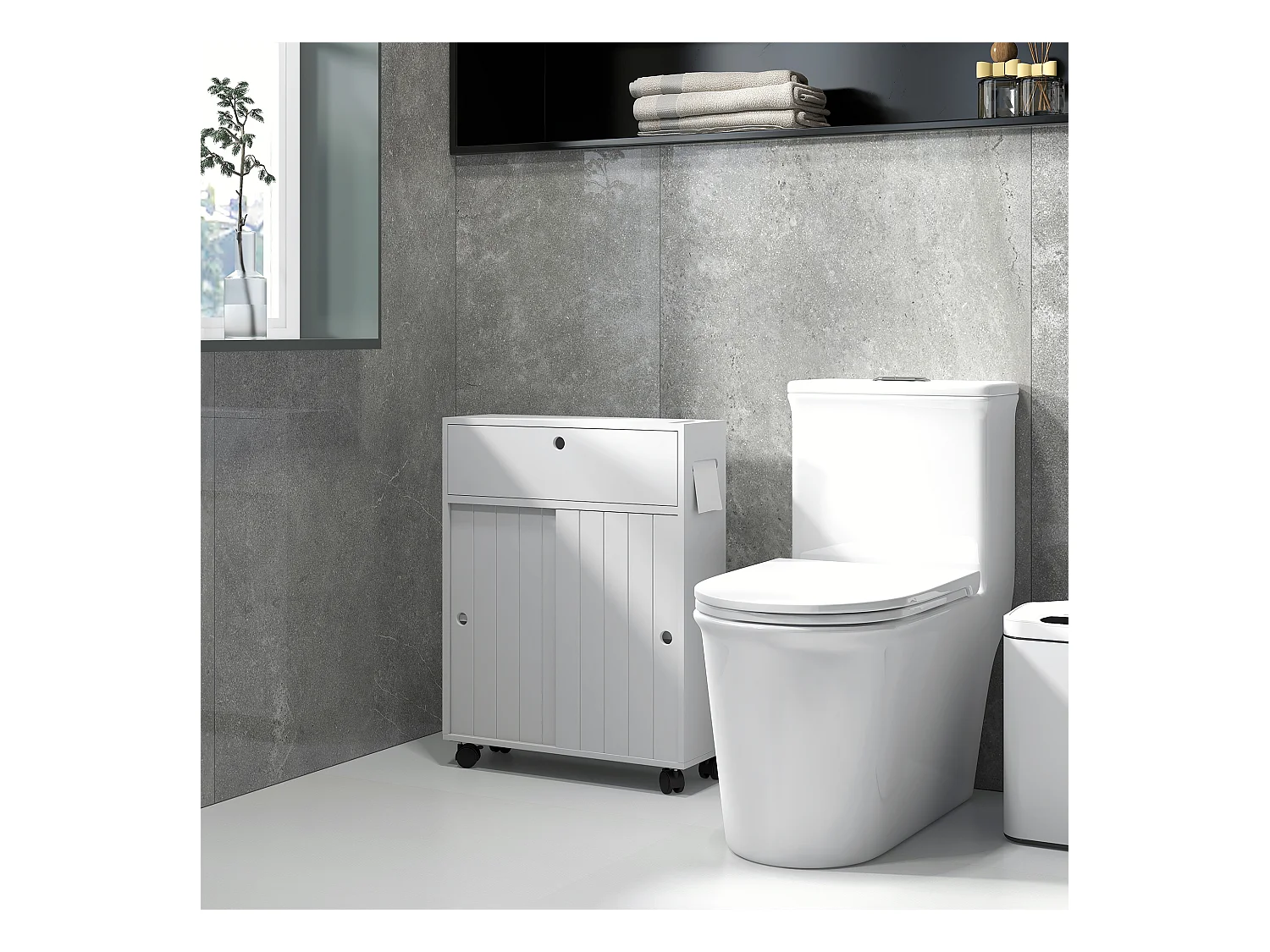 Support papier toilette - porte-papier toilette sur roulettes - armoire pour papier toilette - 2 portes coulissantes, étagère, 2 compartiments fermés - blanc