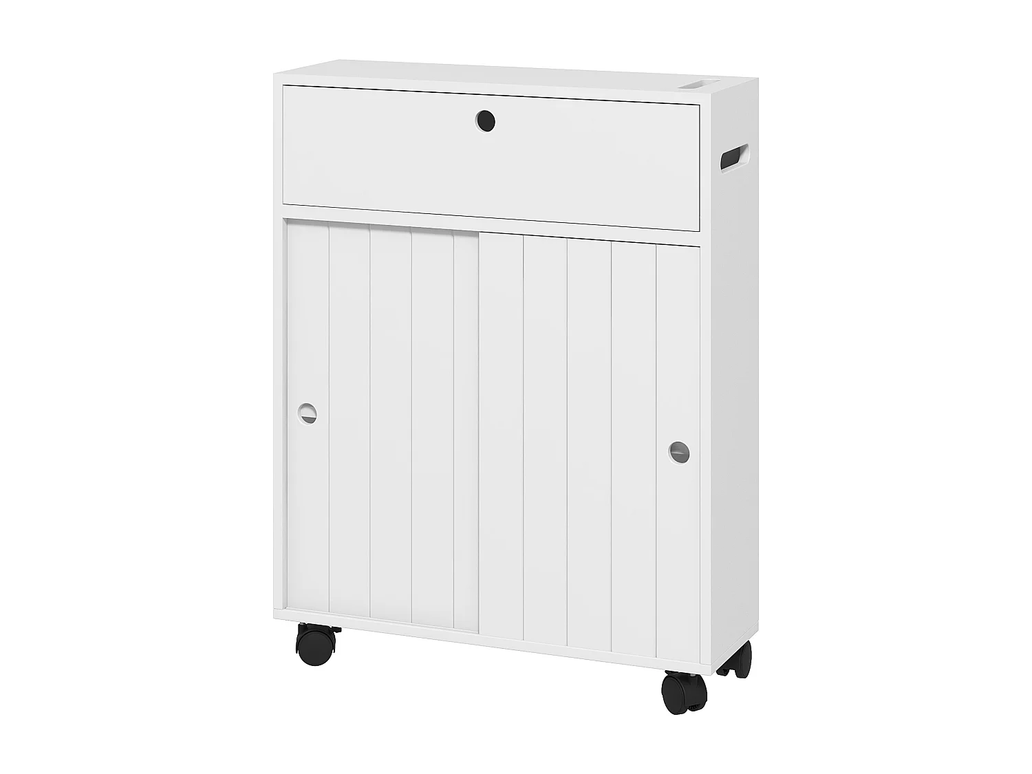 Support papier toilette - porte-papier toilette sur roulettes - armoire pour papier toilette - 2 portes coulissantes, étagère, 2 compartiments fermés - blanc
