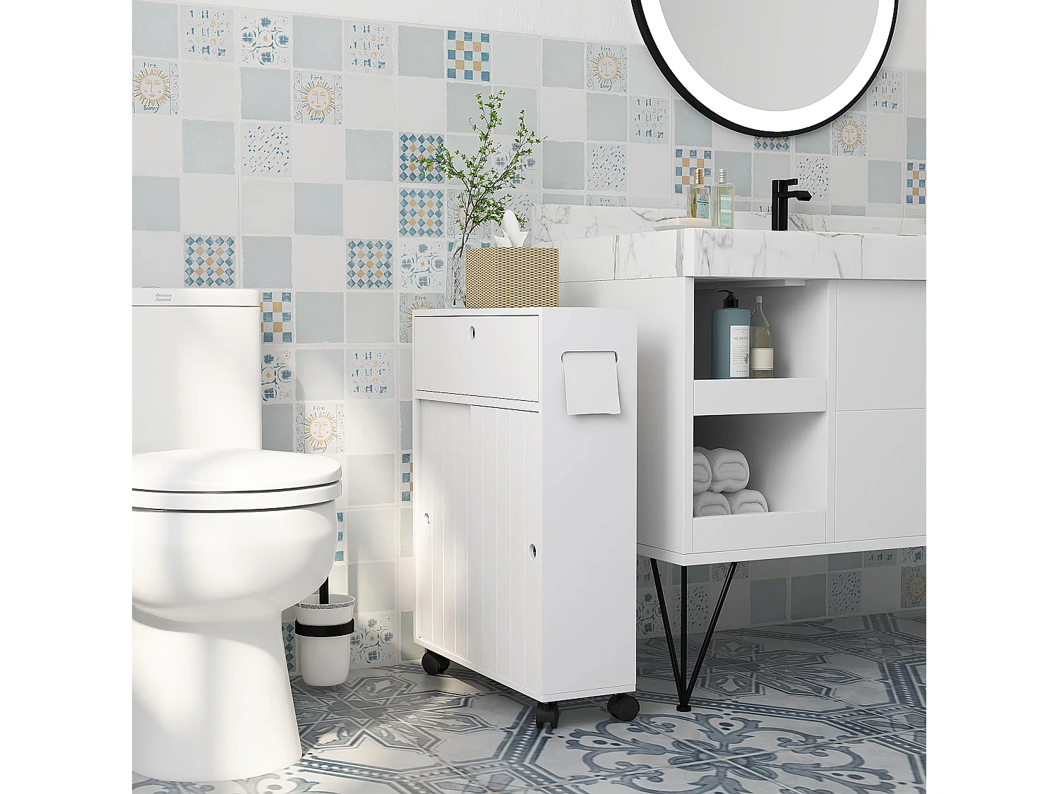 Support papier toilette - porte-papier toilette sur roulettes - armoire pour papier toilette - 2 portes coulissantes, étagère, 2 compartiments fermés - blanc