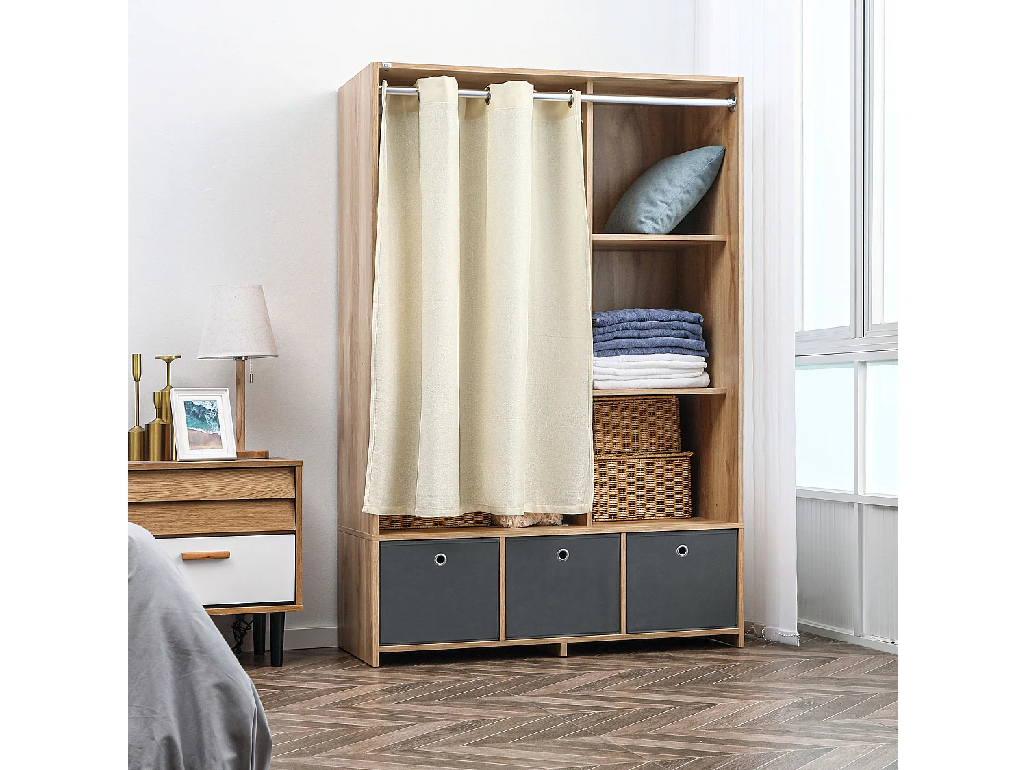 Vestiaire d'entrée - barre de penderie, 3 niches, 3 tiroirs tissu, rideau - panneaux aspect chêne clair polyester gris lin beige