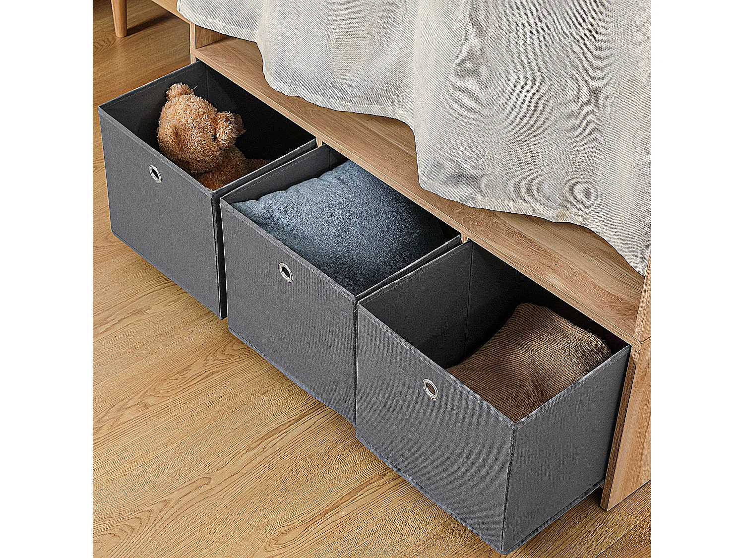 Vestiaire d'entrée - barre de penderie, 3 niches, 3 tiroirs tissu, rideau - panneaux aspect chêne clair polyester gris lin beige