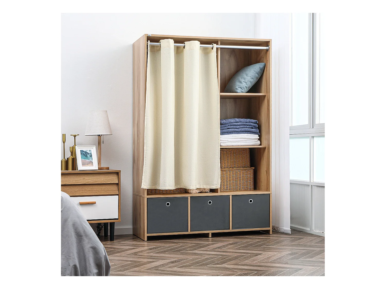 Vestiaire d'entrée - barre de penderie, 3 niches, 3 tiroirs tissu, rideau - panneaux aspect chêne clair polyester gris lin beige