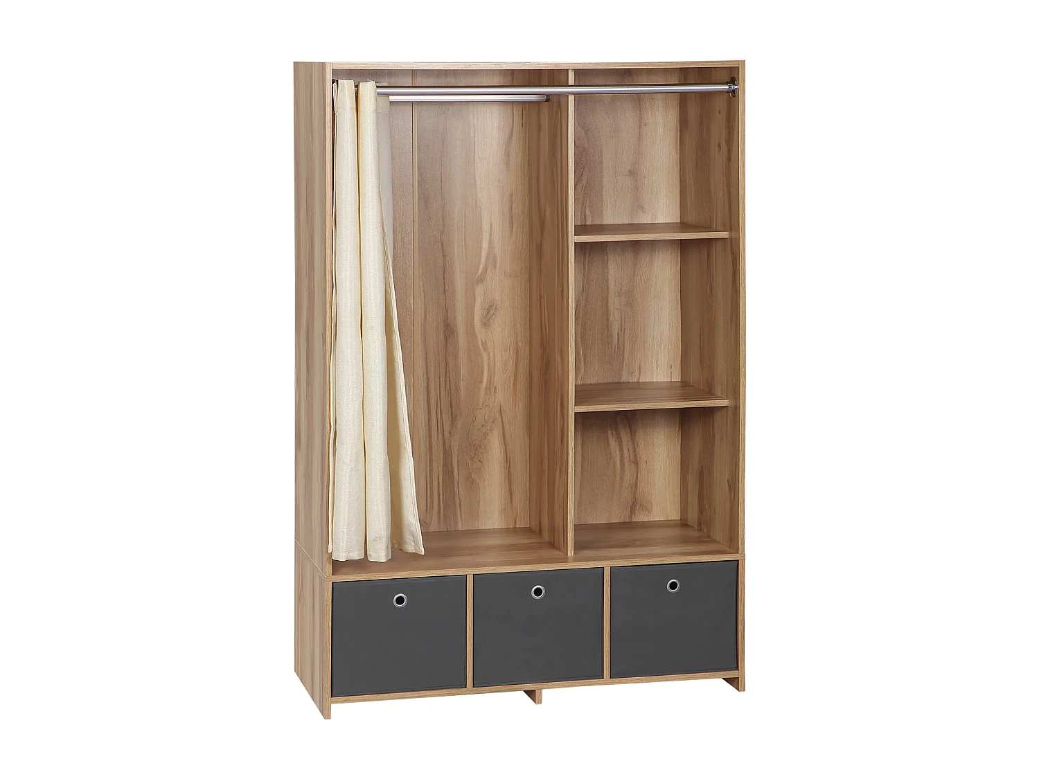 Vestiaire d'entrée - barre de penderie, 3 niches, 3 tiroirs tissu, rideau - panneaux aspect chêne clair polyester gris lin beige