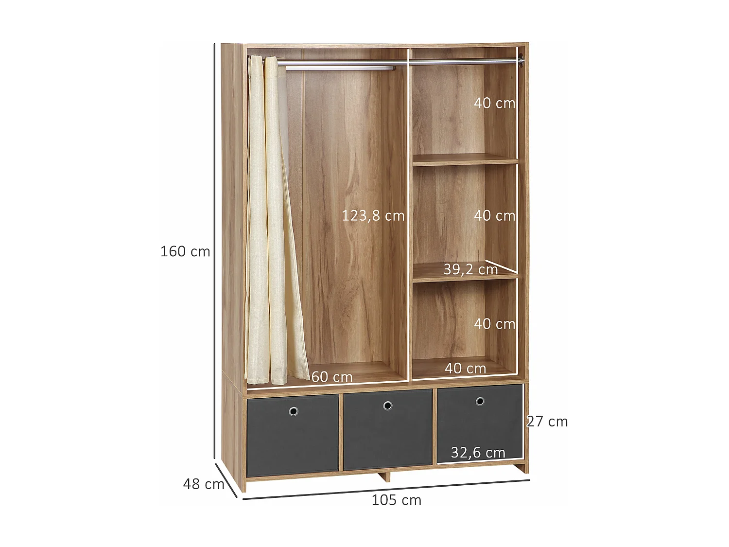 Vestiaire d'entrée - barre de penderie, 3 niches, 3 tiroirs tissu, rideau - panneaux aspect chêne clair polyester gris lin beige