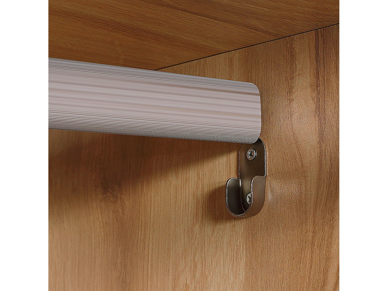 Vestiaire d'entrée - barre de penderie, 3 niches, 3 tiroirs tissu, rideau - panneaux aspect chêne clair polyester gris lin beige