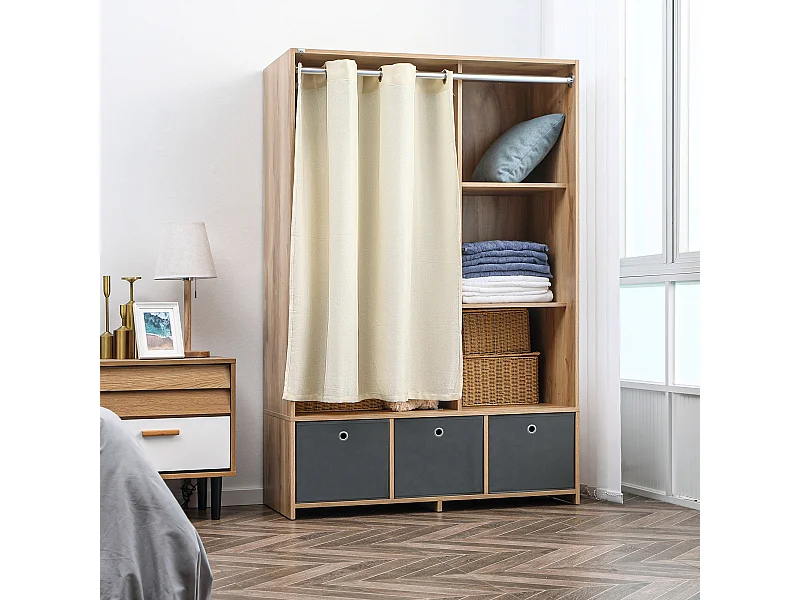 Vestiaire d'entrée - barre de penderie, 3 niches, 3 tiroirs tissu, rideau - panneaux aspect chêne clair polyester gris lin beige