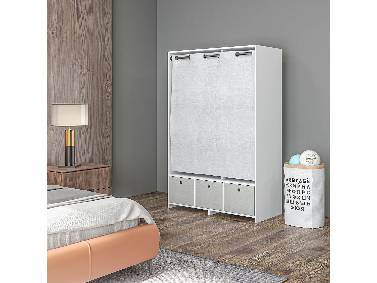 Vestiaire d'entrée - barre de penderie, 3 niches, 3 tiroirs tissu, rideau - panneaux blanc polyester lin gris clair