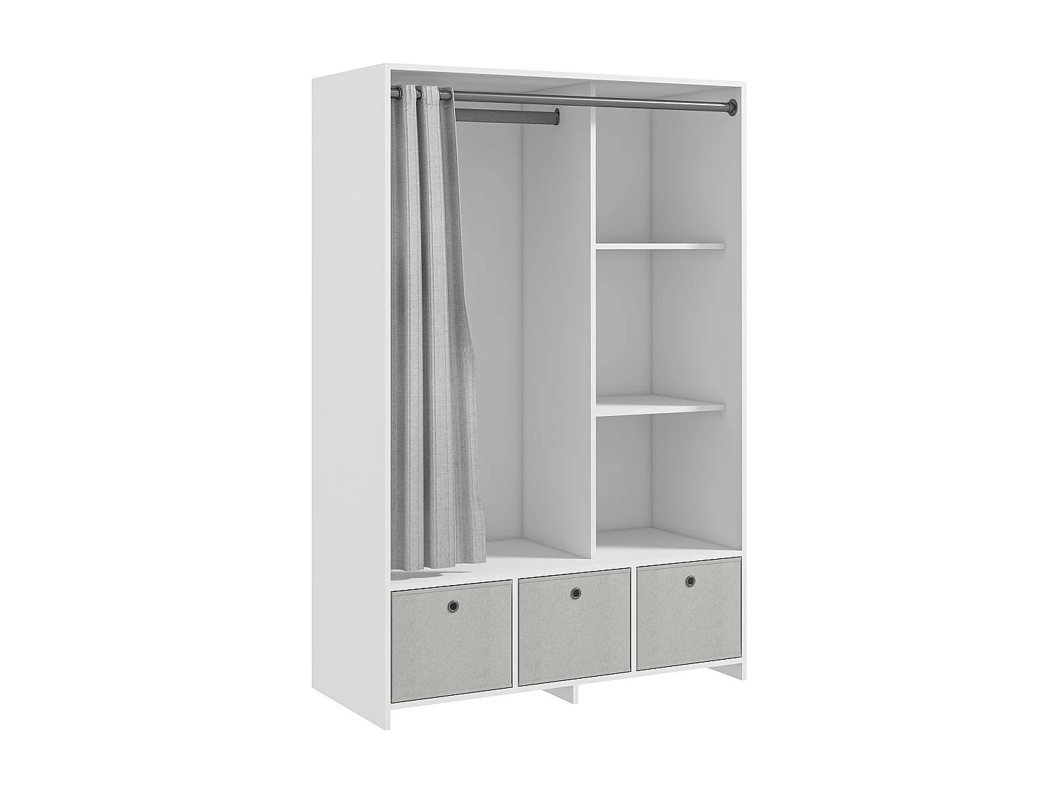 Vestiaire d'entrée - barre de penderie, 3 niches, 3 tiroirs tissu, rideau - panneaux blanc polyester lin gris clair