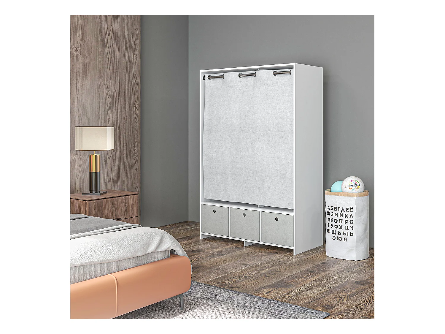 Vestiaire d'entrée - barre de penderie, 3 niches, 3 tiroirs tissu, rideau - panneaux blanc polyester lin gris clair