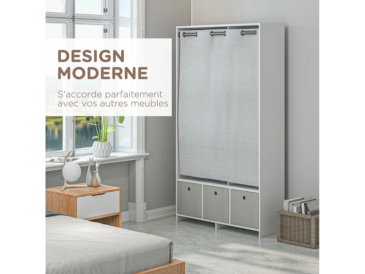 Vestiaire d'entrée - barre de penderie, 3 niches, 3 tiroirs tissu, rideau - panneaux blanc polyester lin gris clair