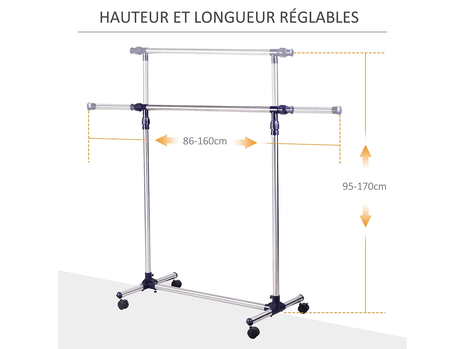 Portant sur roulettes - portant à vêtements réglable en hauteur et longueur - dim. 86/160L x 45l x 95/170H cm - acier inox.