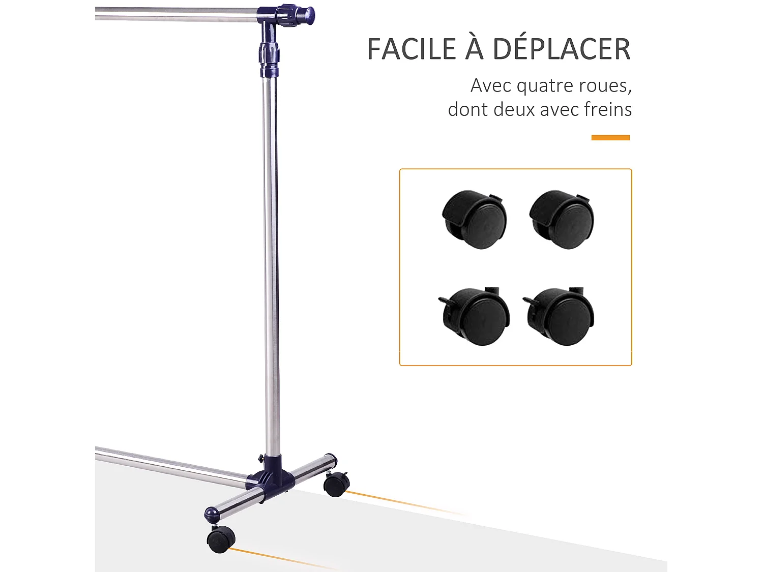 Portant sur roulettes - portant à vêtements réglable en hauteur et longueur - dim. 86/160L x 45l x 95/170H cm - acier inox.