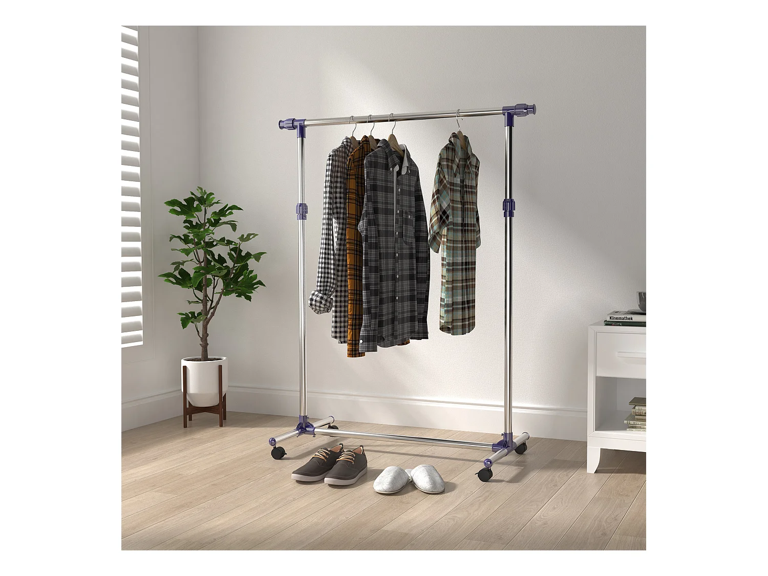 Portant sur roulettes - portant à vêtements réglable en hauteur et longueur - dim. 86/160L x 45l x 95/170H cm - acier inox.