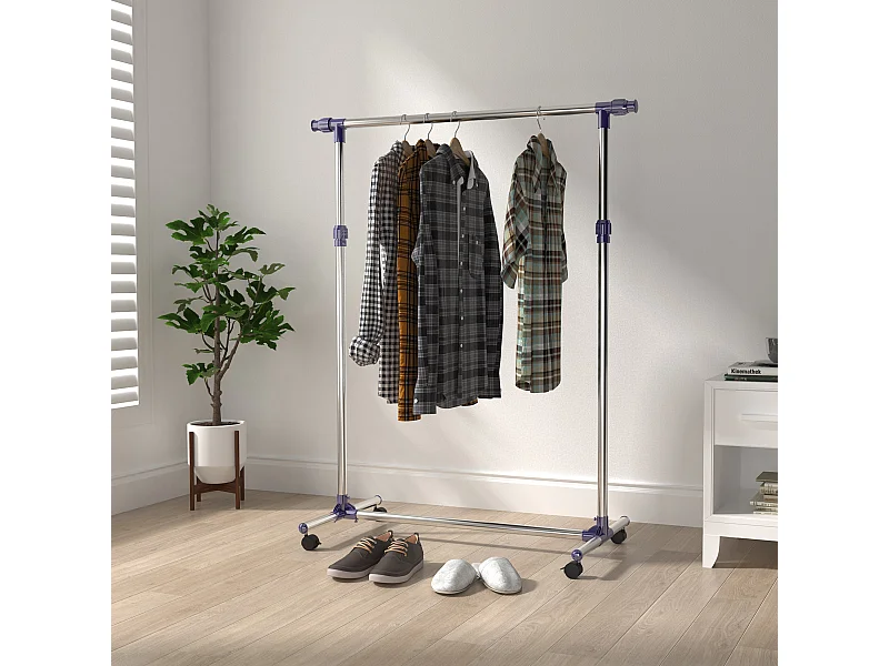 Portant sur roulettes - portant à vêtements réglable en hauteur et longueur - dim. 86/160L x 45l x 95/170H cm - acier inox.