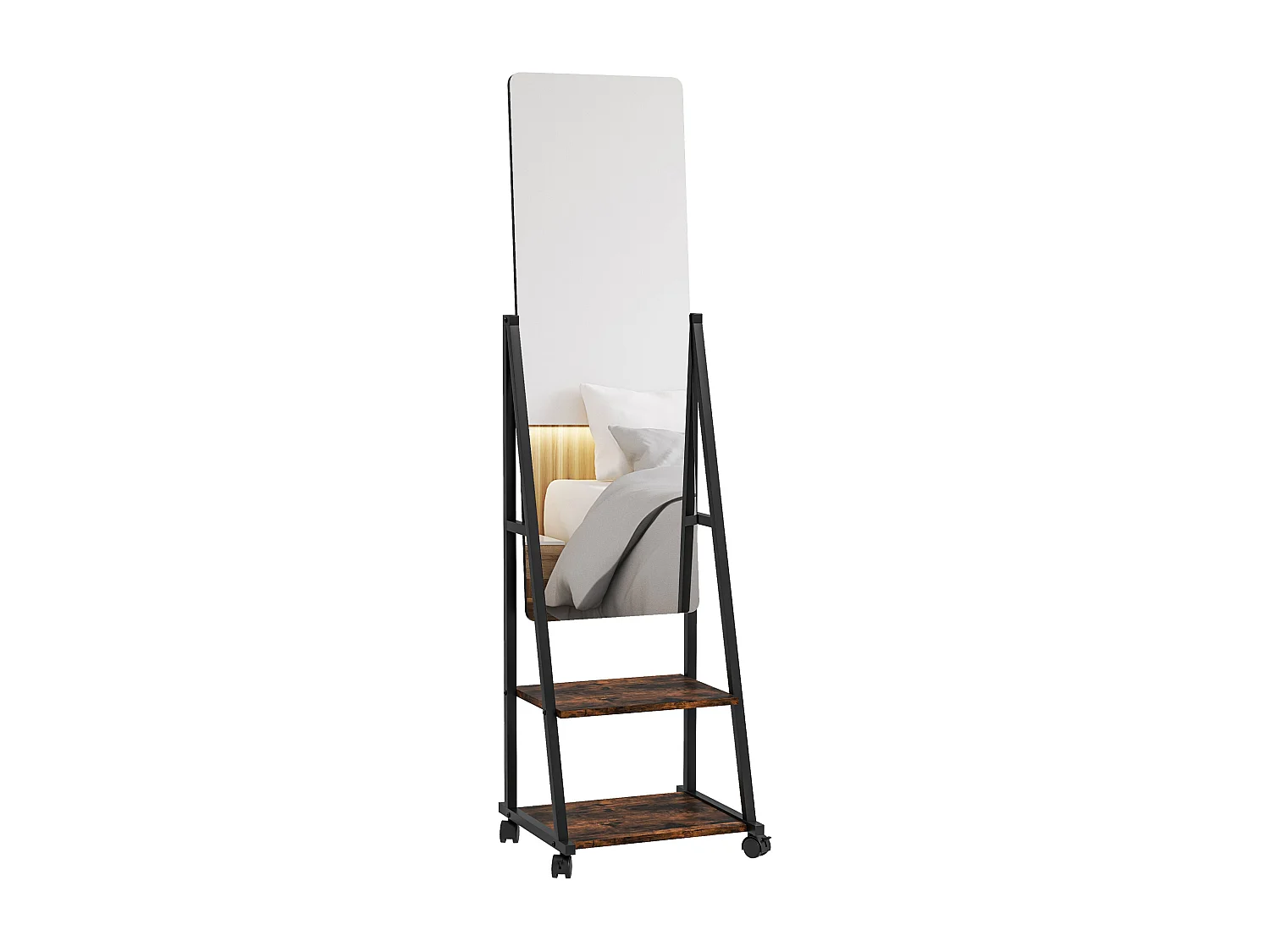 Miroir sur pied rectangulaire avec roulettes angle réglable 2 étagères dim. 42L x 37l x 155H cm verre bois rustique noir