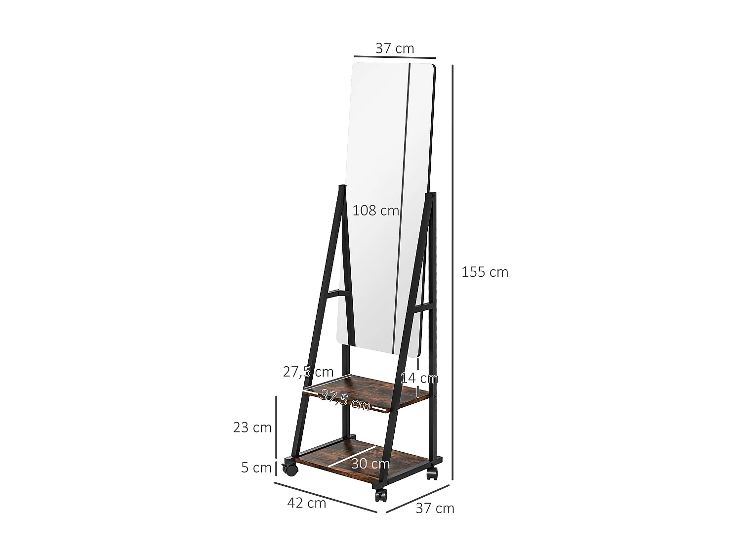 Miroir sur pied rectangulaire avec roulettes angle réglable 2 étagères dim. 42L x 37l x 155H cm verre bois rustique noir