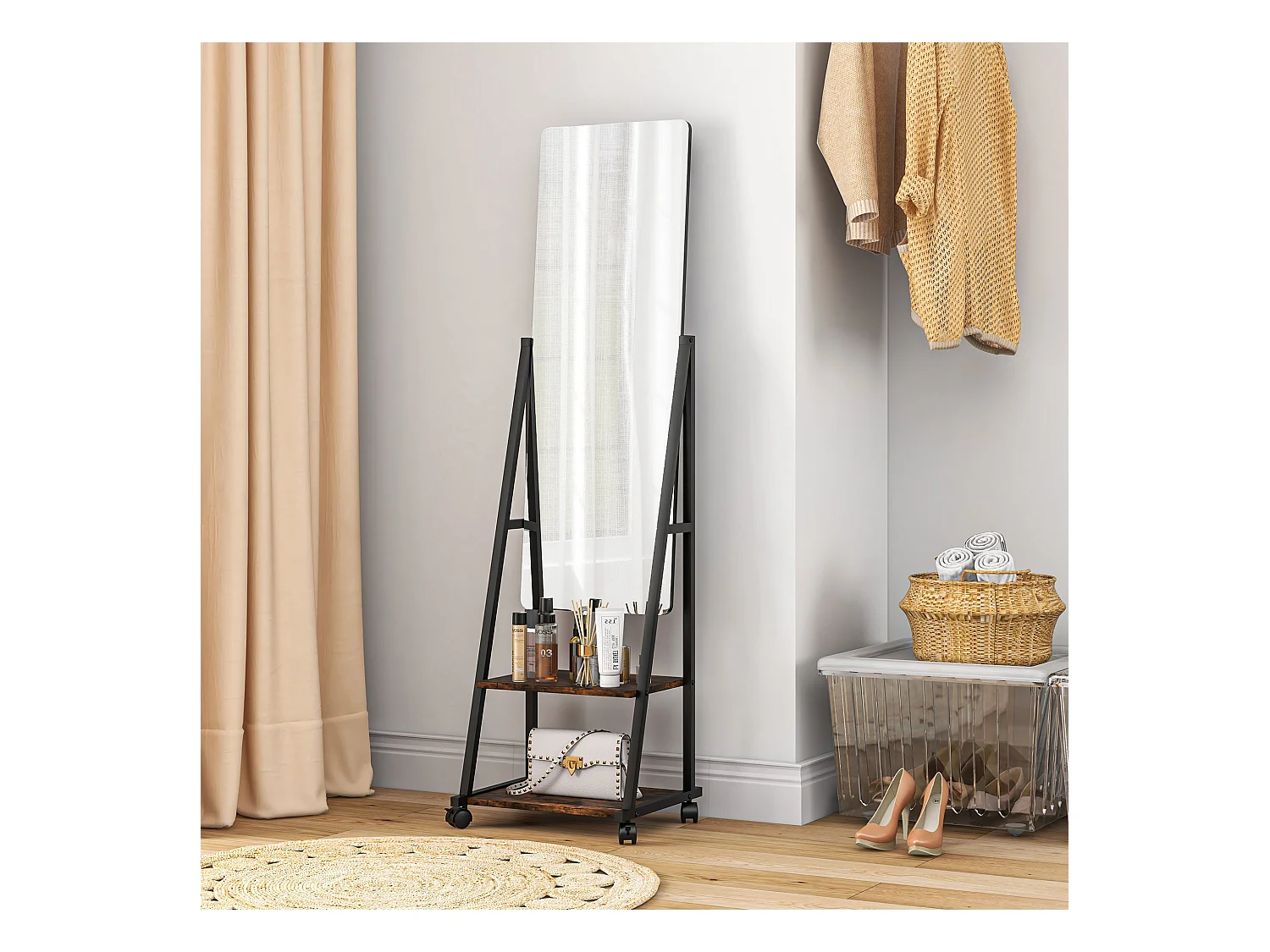 Miroir sur pied rectangulaire avec roulettes angle réglable 2 étagères dim. 42L x 37l x 155H cm verre bois rustique noir