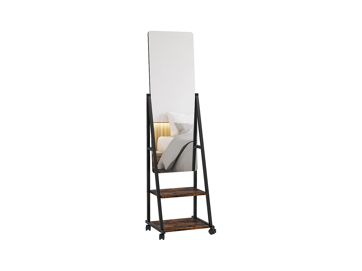 Miroir sur pied rectangulaire avec roulettes angle réglable 2 étagères dim. 42L x 37l x 155H cm verre bois rustique noir