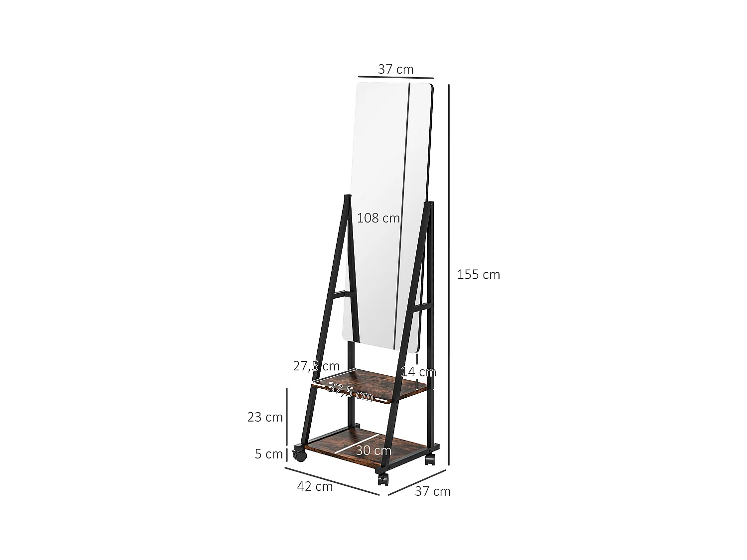 Miroir sur pied rectangulaire avec roulettes angle réglable 2 étagères dim. 42L x 37l x 155H cm verre bois rustique noir