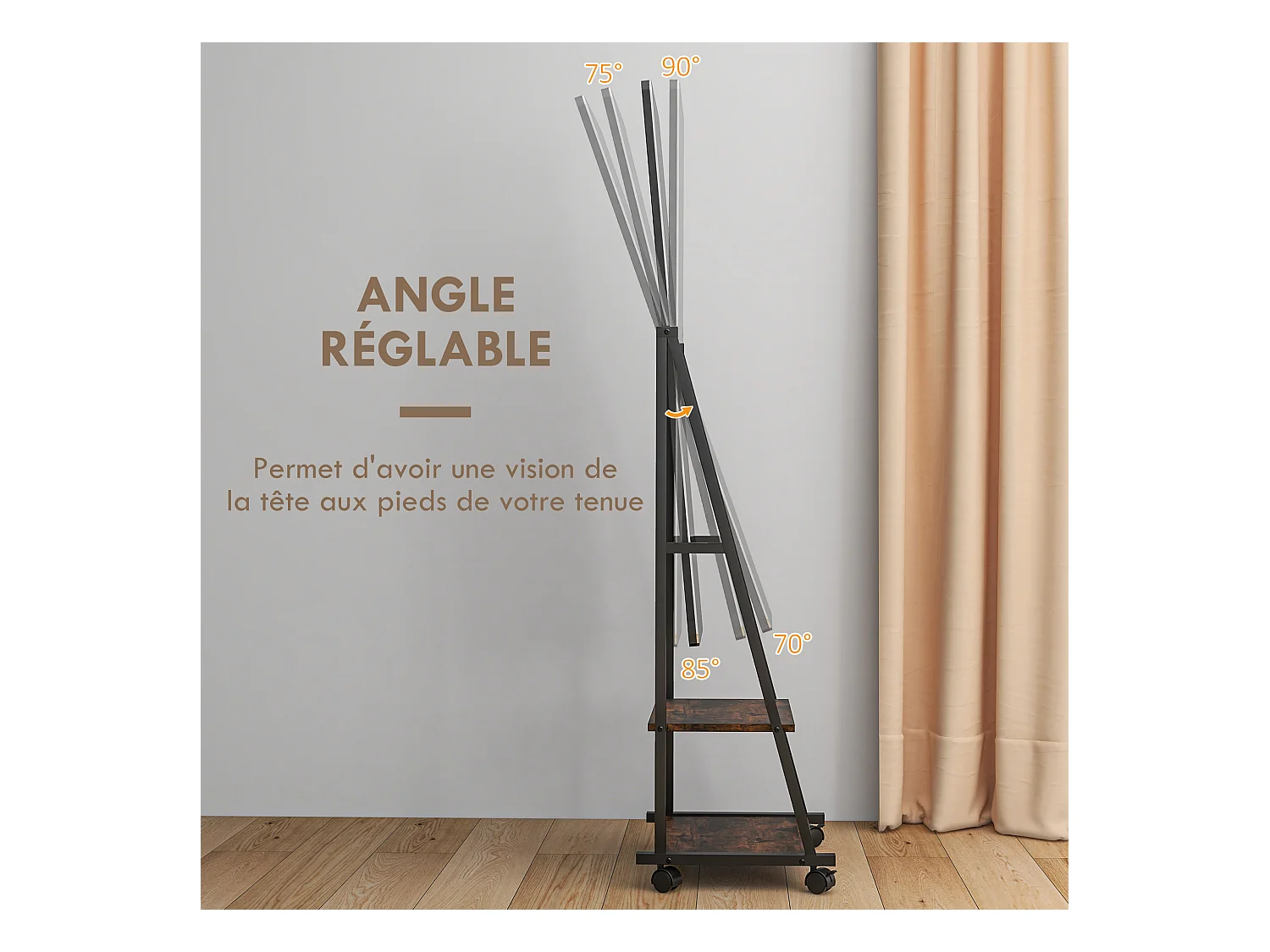 Miroir sur pied rectangulaire avec roulettes angle réglable 2 étagères dim. 42L x 37l x 155H cm verre bois rustique noir