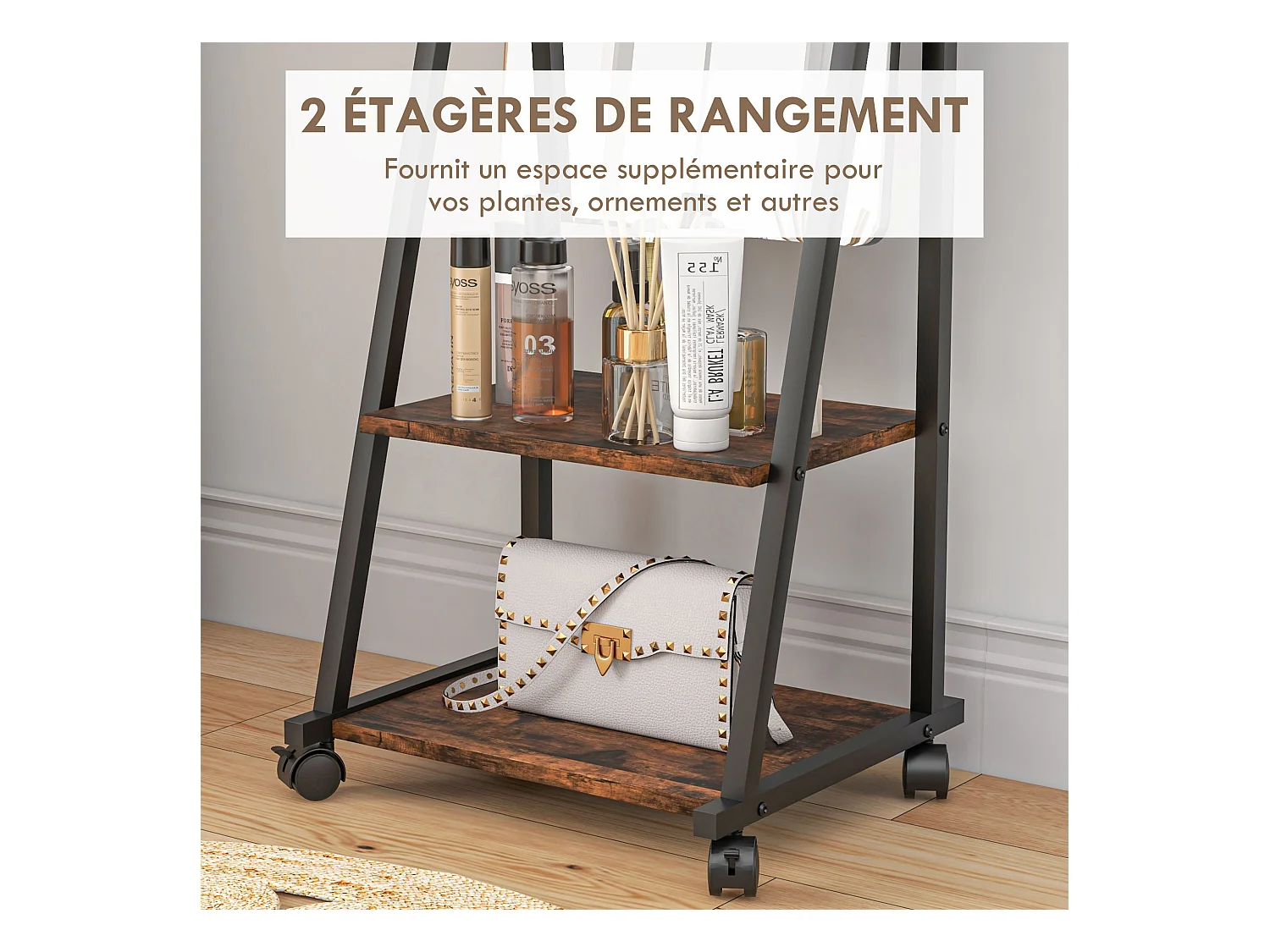 Miroir sur pied rectangulaire avec roulettes angle réglable 2 étagères dim. 42L x 37l x 155H cm verre bois rustique noir