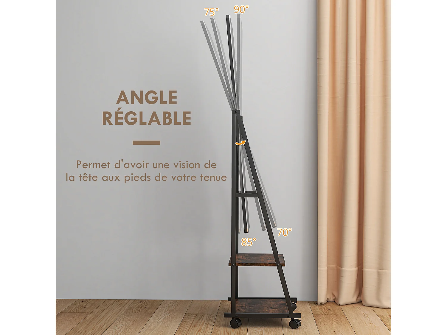 Miroir sur pied rectangulaire avec roulettes angle réglable 2 étagères dim. 42L x 37l x 155H cm verre bois rustique noir