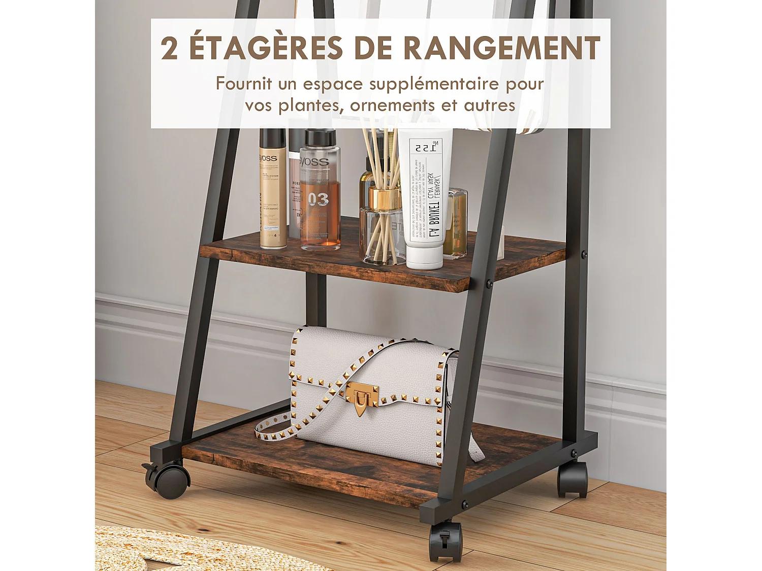 Miroir sur pied rectangulaire avec roulettes angle réglable 2 étagères dim. 42L x 37l x 155H cm verre bois rustique noir