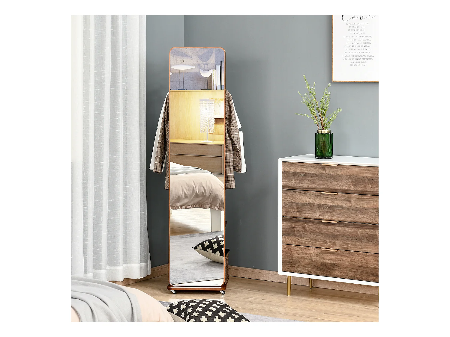 Miroir sur pied avec roulettes - portant, 4 patères étagère MDF aspect noyer