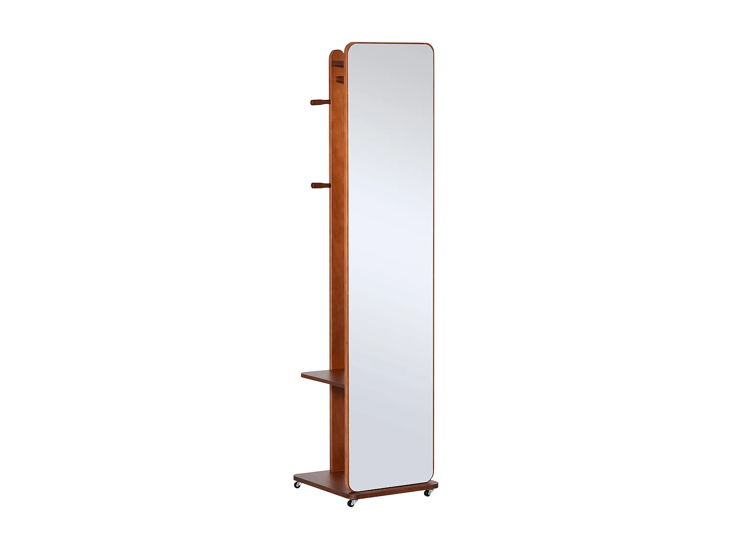 Miroir sur pied avec roulettes - portant, 4 patères étagère MDF aspect noyer