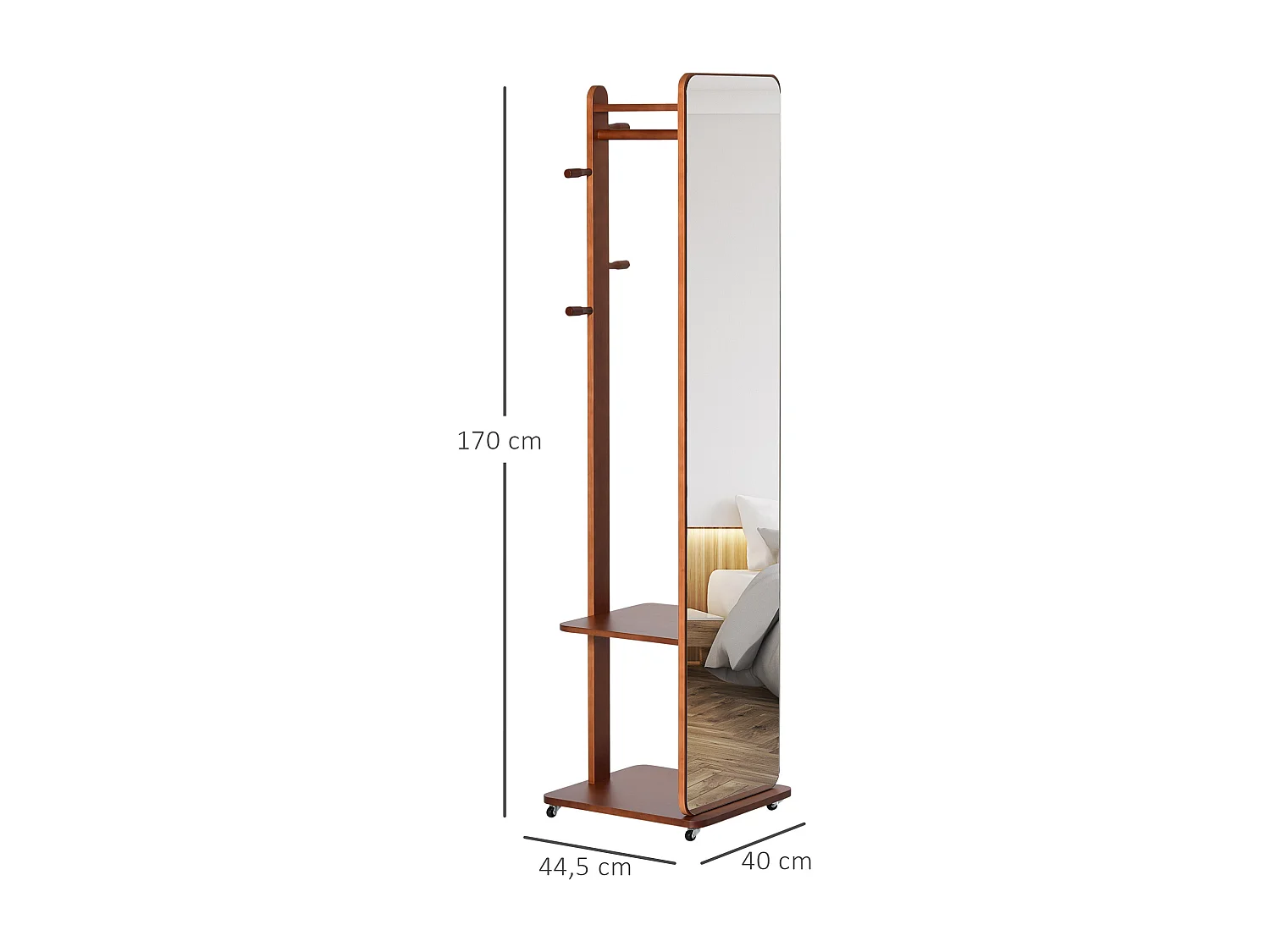 Miroir sur pied avec roulettes - portant, 4 patères étagère MDF aspect noyer